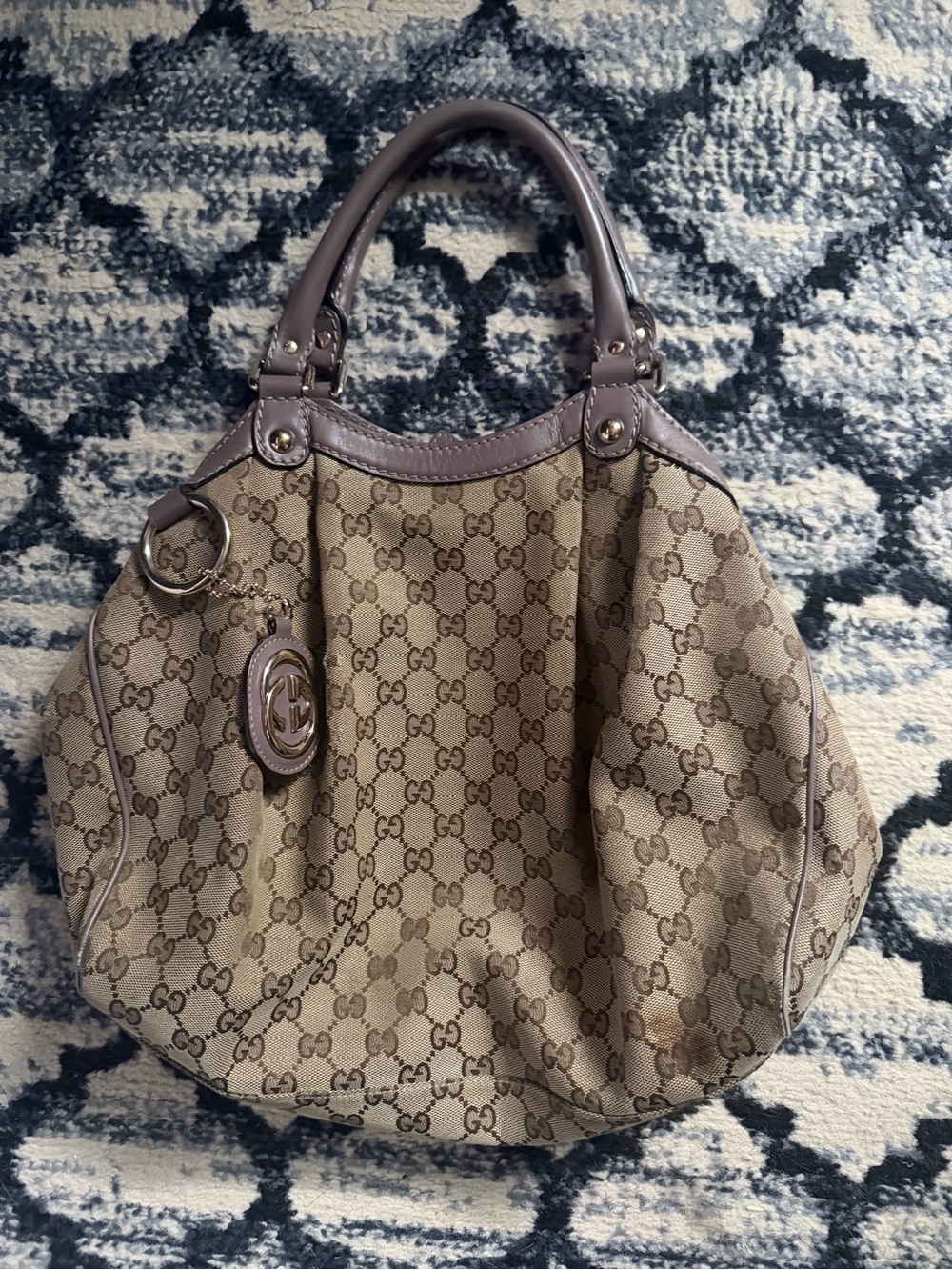 Gucci Brown GG Canvas Sukey Shoulder Bag with Taupe/Lavender Leather